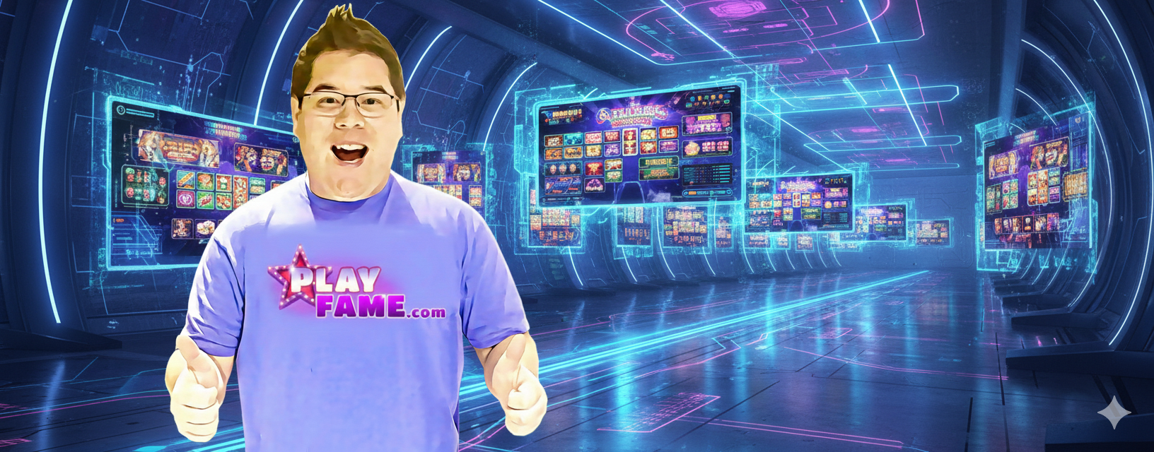 Bonsai Yama wearing a PlayFame casino tshirt in front of a futuristic background.