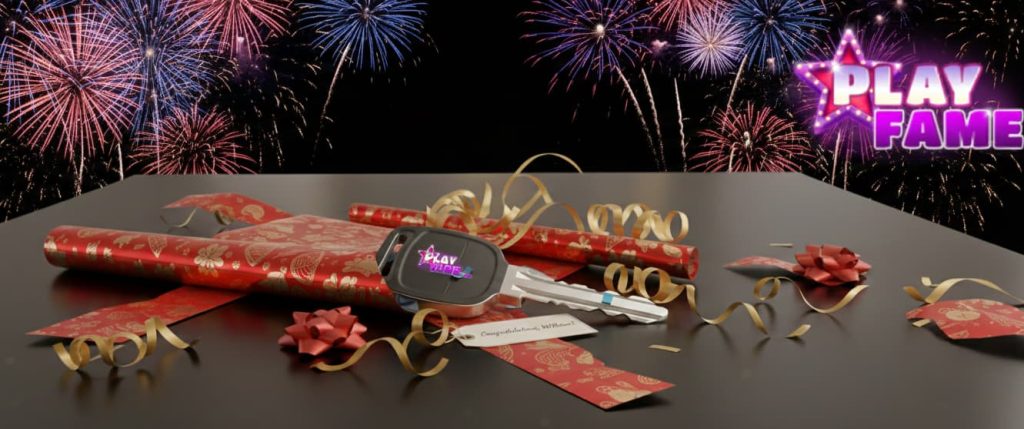 PlayFame branded car key on black surface, fireworks in background