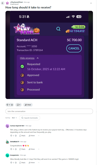 Query on Reddit about whether PlayFame is legit when it comes to withdrawals.