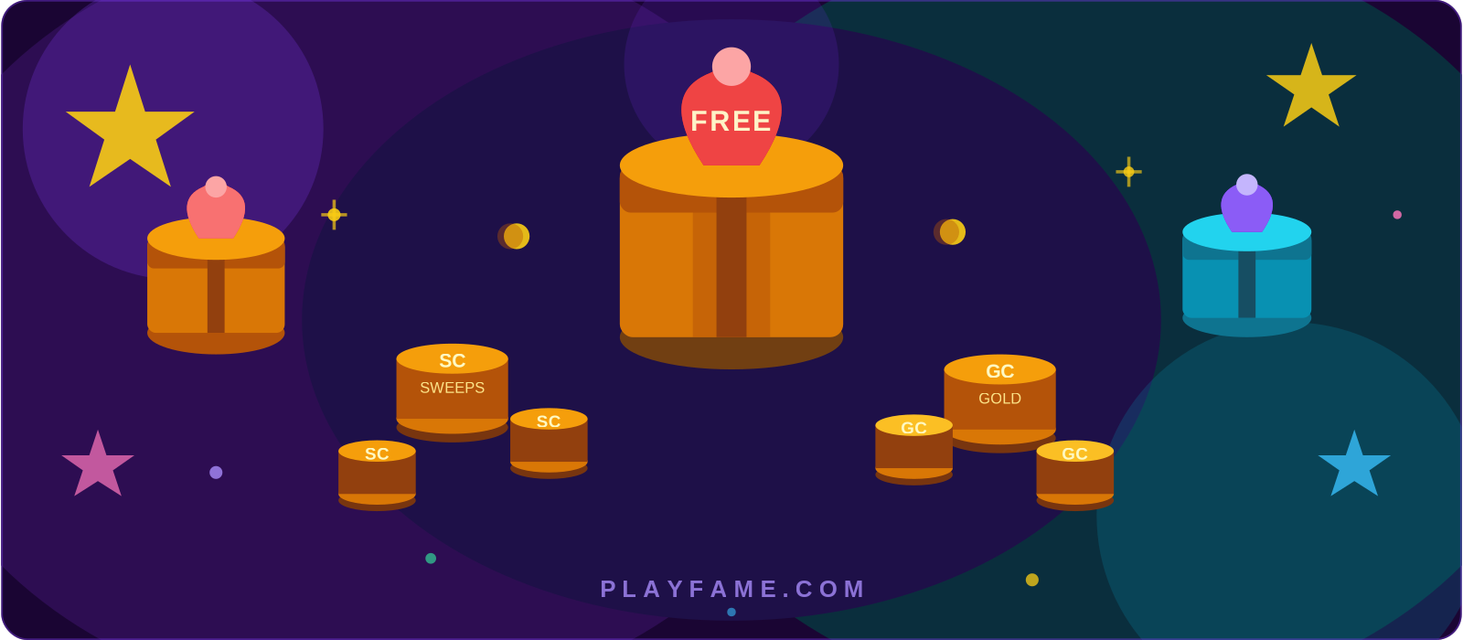 Free sweepstakes casino no deposit bonus - gift box with Gold Coins and Sweepstakes Coins at PlayFame